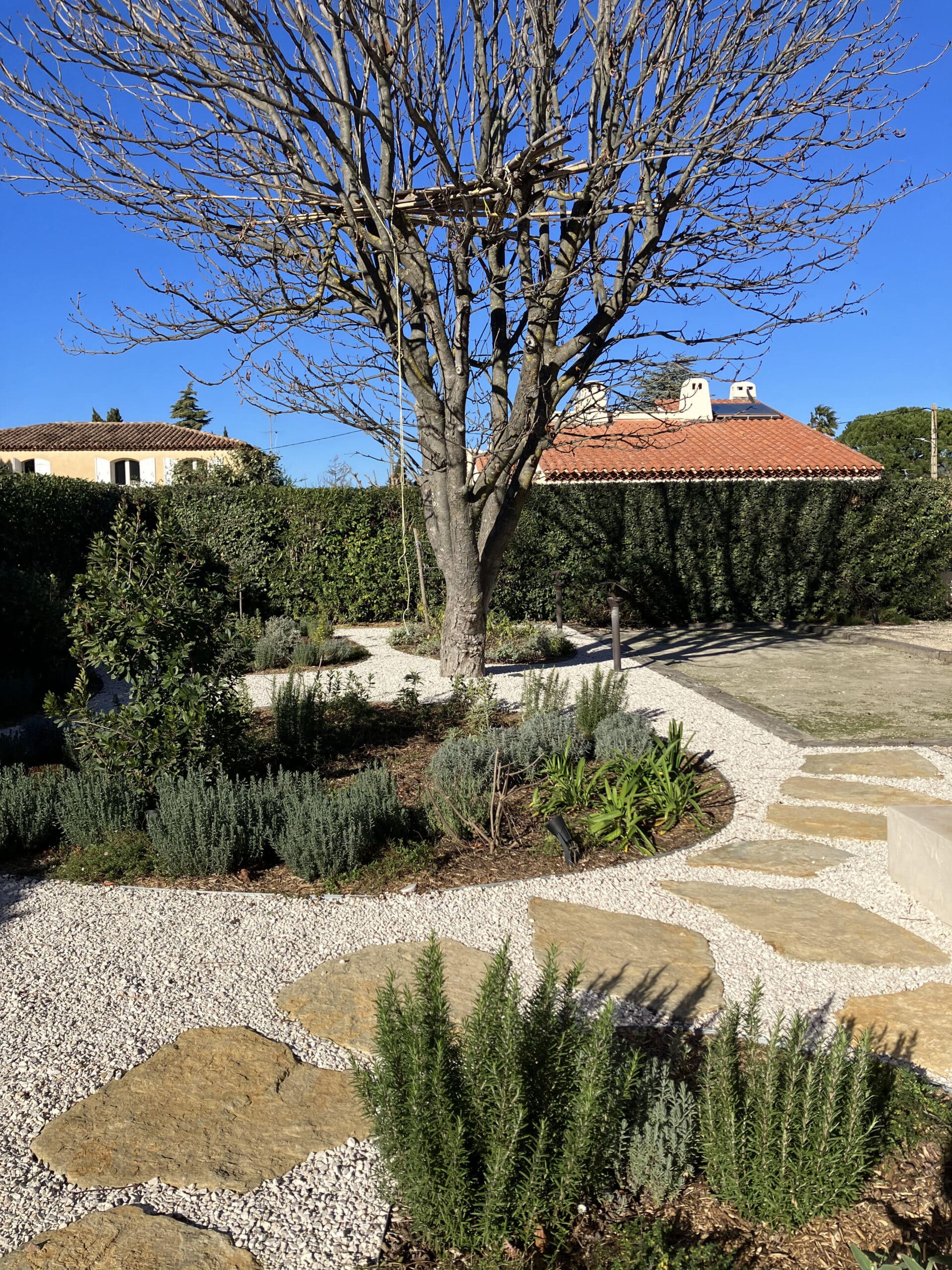 Jardin méditerranéen ensoleillé avec gravier blanc, dalles en pierre naturelle, grand arbre et buissons de romarin.