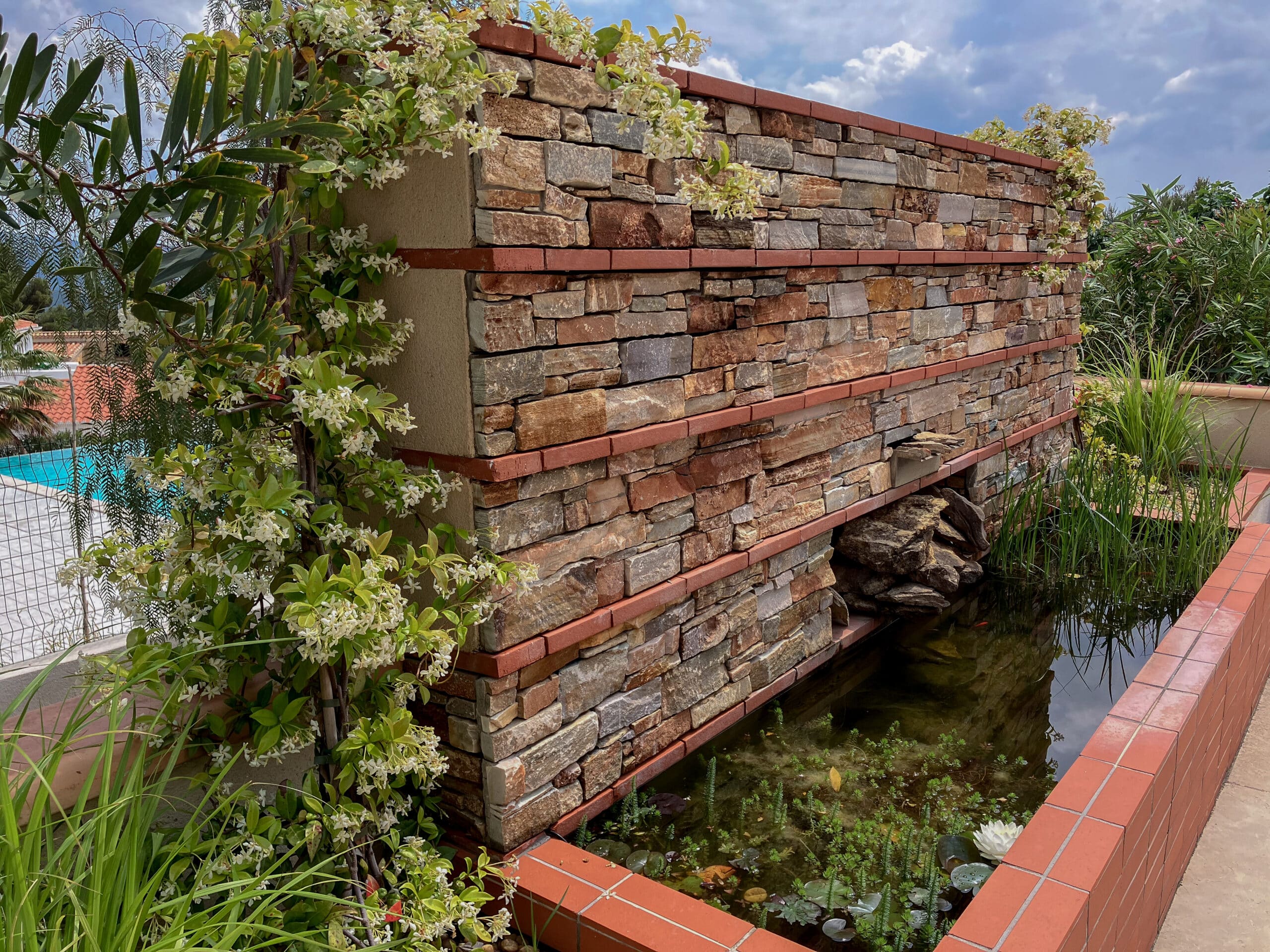 Mur décoratif en pierre et briques au-dessus d'un bassin avec plantes aquatiques et jasmin étoilé en fleurs.